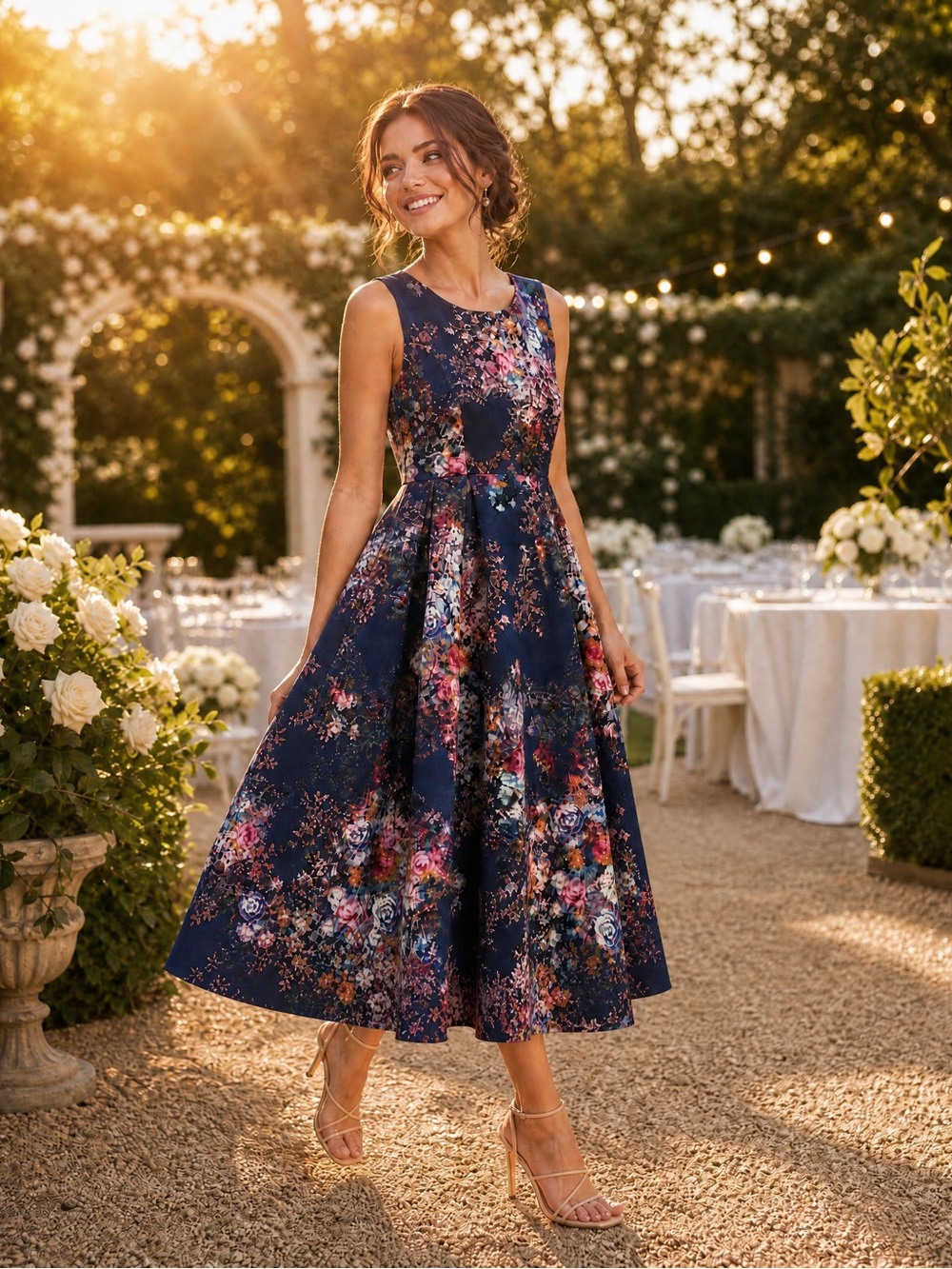 The Moon Women’s Floral Fit & Flare Dress Navy Cotton Blend Sleeveless Size L